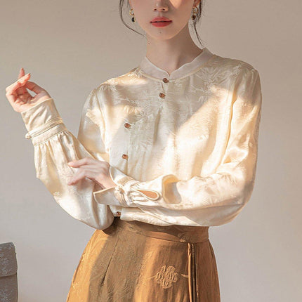 New Chinese Style Womens Top Stand-up Collar Long Sleeve Elegant Fashion Shirt