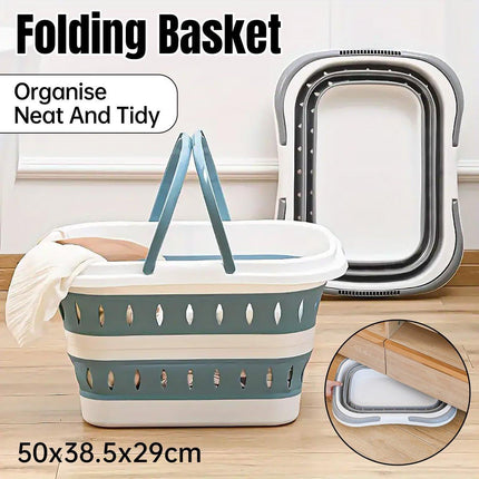 Large Folding Laundry Basket Plastic Dirty Clothes Hamper Blue Bathroom Storage