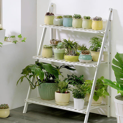 Balcony Plant Stand 3-Layer Wooden Flower Pot Corner Stand White Log Foldable - Aimall