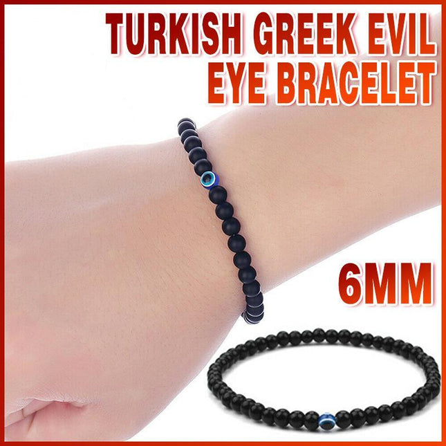 Turkish Greek Evil Eye Bracelet 6mm Elastic Cord Black Bead Handmade Unisex - Aimall
