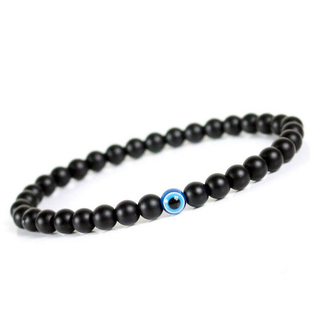 Turkish Greek Evil Eye Bracelet 6mm Elastic Cord Black Bead Handmade Unisex - Aimall