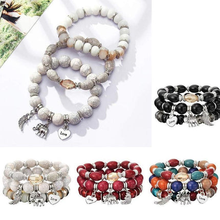 3PC Women's Boho Wooden Natural Stone Beads Tassel Bracelet Set Bodhi Beaded