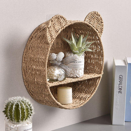 Rattan Storage Basket Wall Mounted Rack Round Plant Display Stand Organizer