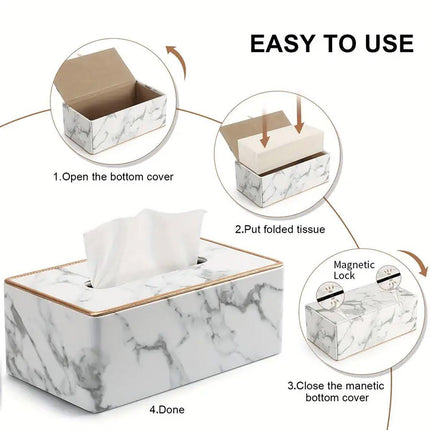 Rectangular Marble PU Leather Tissue Box Cover Napkin Holder Towel Dish Desktop