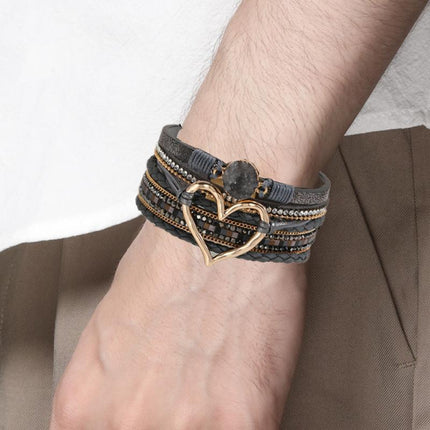 Chic Women's Multi-Color Leather Wrap Bracelet Love Heart Charms Magnetic Clasp - Aimall