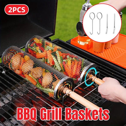 2PCS Rolling BBQ Cage Rotisserie Basket Tube Grill BBQ Cooking Accessories