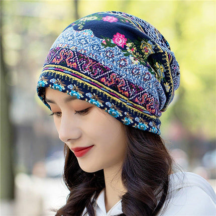 Ethnic Style Cotton Flower Stripe Pullover Cap Dual Purpose Turban Hat for Women
