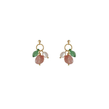 Unique Geometric Strawberry Crystal Green Leaf Earrings with Imitation Pearls