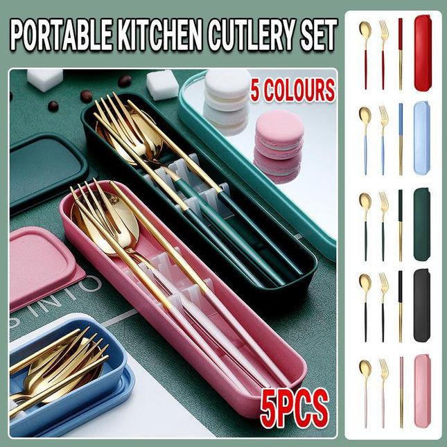 5PC Stainless Steel Portable Cutlery Set - Fork Spoon for Travel & Picnic - Aimall