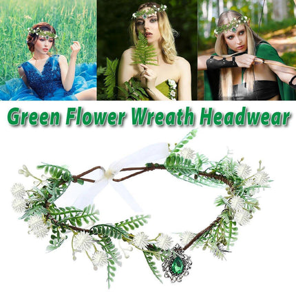 Handmade White Green Pendant Flower Crown Headband Wedding Fairy Elf Cosplay