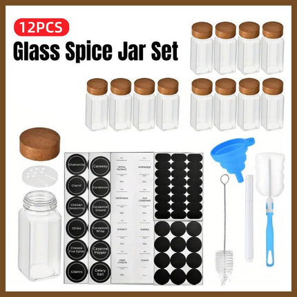 12pcs Square Glass Spice Jars Clear Storage Containers Kitchen Spice Organizing