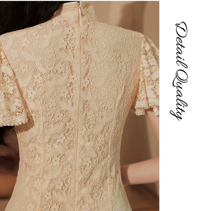 Mid-Length Lace Cheongsam Dress Retro Improved Slim-Fit Chinese Qipao Gown