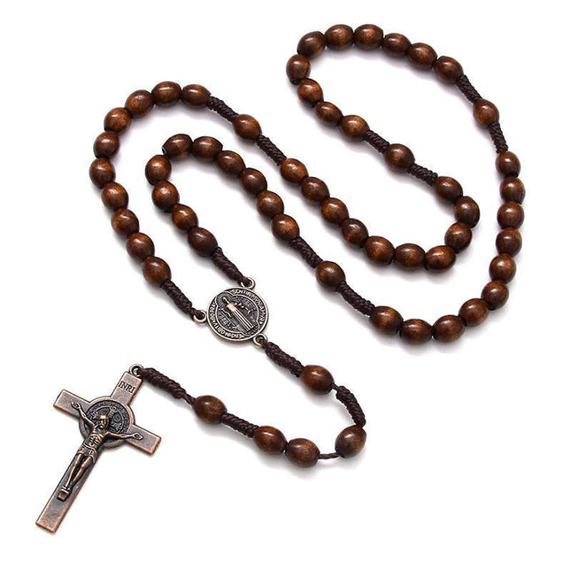 1PC Wooden Rosary Beads Necklace Christian Cross Catholic Rosary Beads - Aimall