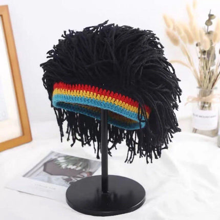 Quirky Warm Knitted Wig Hat Hip Hop Wool Cap for Men and Women with Braided