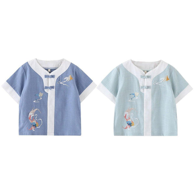 Boys Chinese Traditional Outfit Summer Cotton Linen Short Sleeve Top