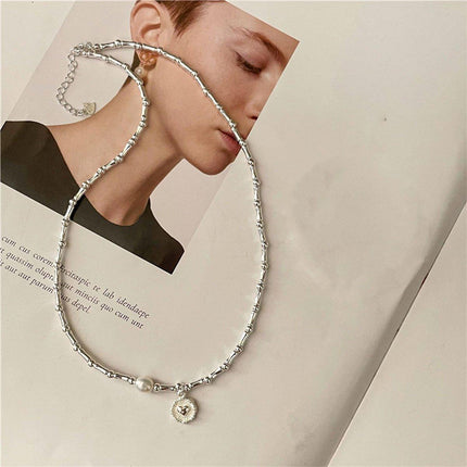 Handmade S925 Silver Bamboo Link Medallion Pearl Pendant Necklace INS Style Jewelry