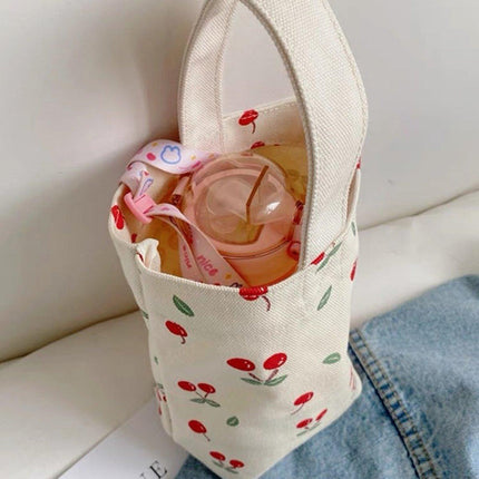 2pcs Cartoon Printed Canvas Bag Cute Casual Handbag Cup Holder Tote Bag Set