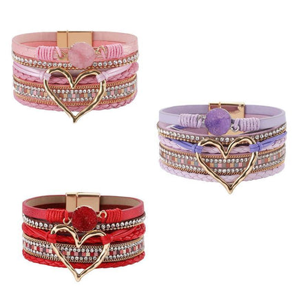 Chic Women's Multi-Color Leather Wrap Bracelet Love Heart Charms Magnetic Clasp - Aimall