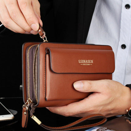Commuter Clutch Bag for Men Long Leather Wallet Handbag Casual Travel Purse