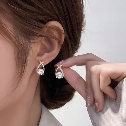 Gold Zircon Crossed Stud Earrings Elegant Simple Earrings For Women Fashion - Aimall