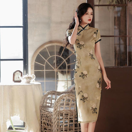 Retro Chinese Style Yellow Jacquard Cheongsam Short Sleeve Improved Young Style