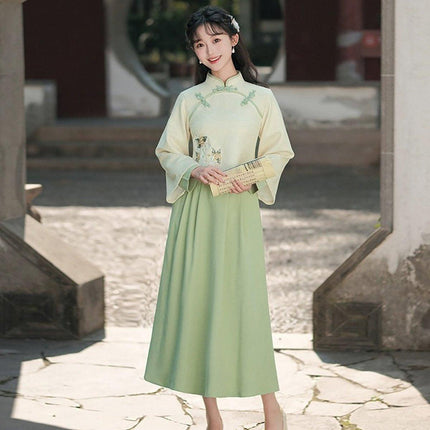 New Chinese Embroidery Green Hanfu Two-Piece Set Autumn Winter Coil Buckle Daily