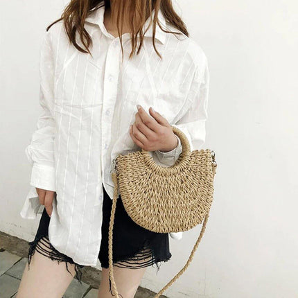 Half Round Woven Beach Bag Holiday Handbag Summer Tote for Travel and Shopping