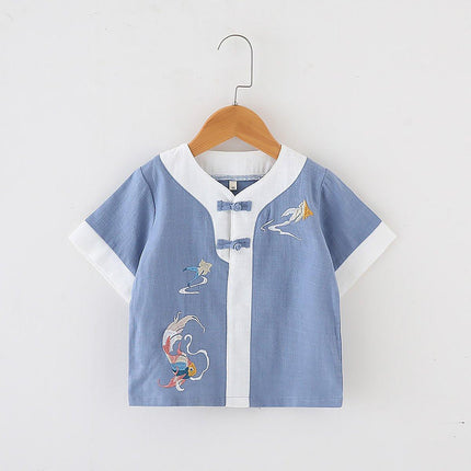 Boys Chinese Traditional Outfit Summer Cotton Linen Short Sleeve Top