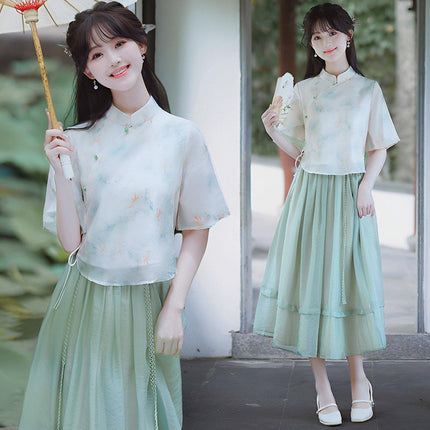 Chinese Style Girl Two-Piece Set New Retro Printed Improved Cheongsam