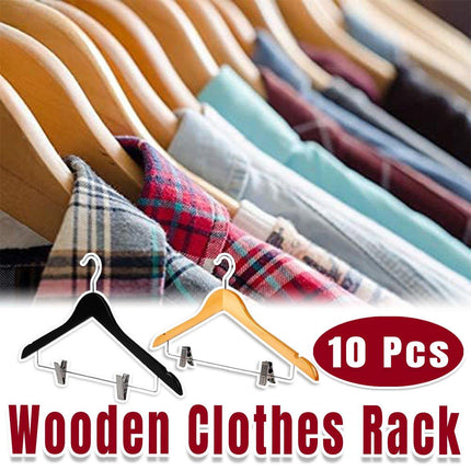 10 Pcs Wooden Non-Slip Wide Shoulder Clothes Hanger with Clip for Hotel Wardrobe