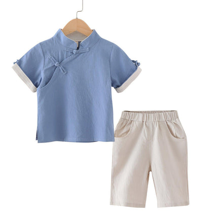 Boys Chinese Traditional Hanfu Outfit Summer Cotton Linen Set Tang Suit