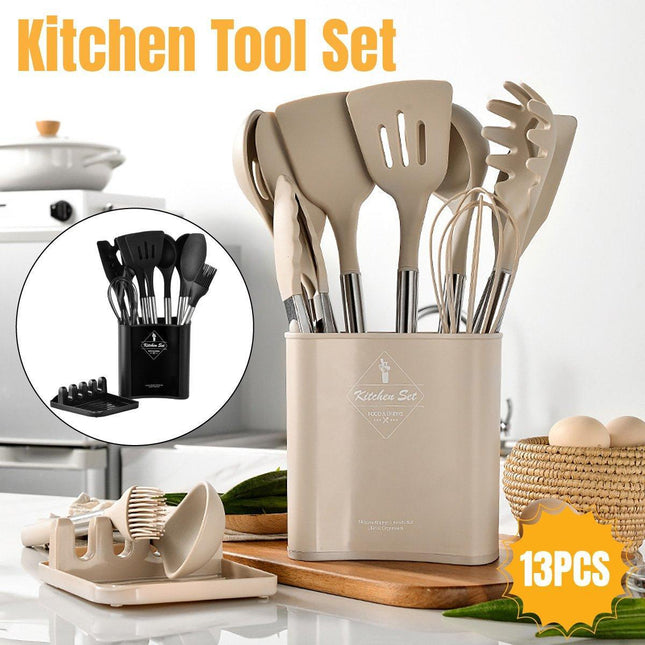 13PCS Silicone Kitchen Utensil Set Stainless Steel Handle Non-Stick Cooking Tool