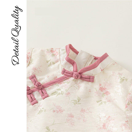 New Chinese Hanfu Girls Floral Two-Piece Pink Cheongsam Half-Skirt Outfit