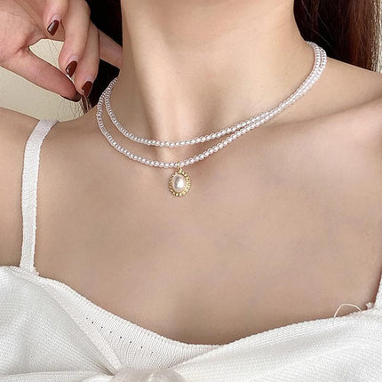 Retro Double Layer Women Necklace Pendant Necklace Clavicle Chain Pearl Choker - Aimall
