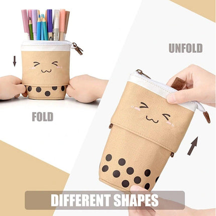 Cute Bubble Tea Cartoon Stationery Box Retractable Standing Pencil Holder Case