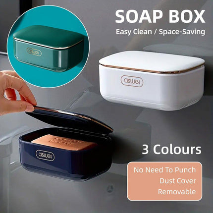 Household Wall Mounted Soap Box With Lid Drainage Non Punch Bathroom Storage Box