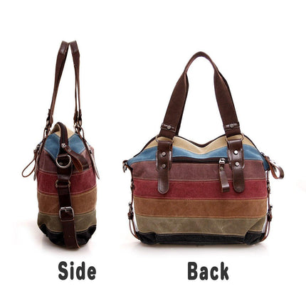 Rainbow Stripe Canvas Bag Patchwork Tote Bag Fashion Handbag Women Shoulder Bag