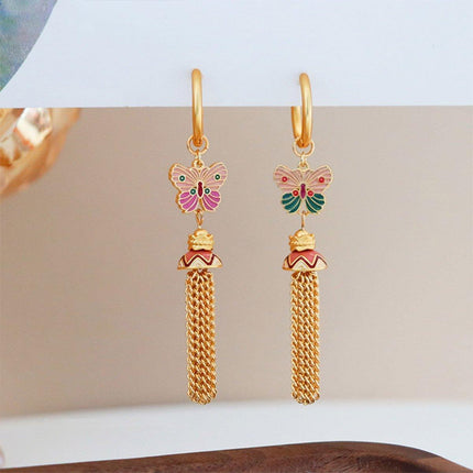 Fashion Retro Color Oil Dropping Butterfly Earrings Tassel Luxury Simple Earring