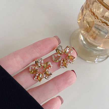 Luxury Olive Green Zircon Flower Earrings Fashion High-end Needle Earrings