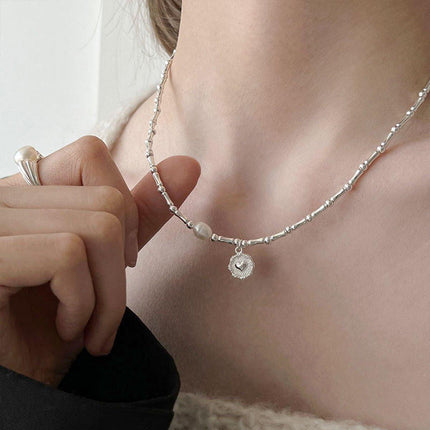 Handmade S925 Silver Bamboo Link Medallion Pearl Pendant Necklace INS Style Jewelry