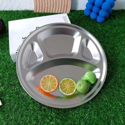4pcs Stainless Steel Round Dinner Plates 4 Compartment Food Serving Trays Set