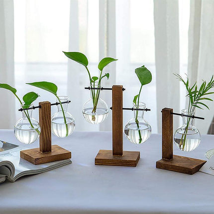 Wooden Stand Glass Flower Vase Hydroponic Hanging Plant Terrarium Container - Aimall