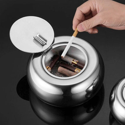 Stainless Steel Ashtray with Cover Smokeless Drum Design Windproof Ash Tray