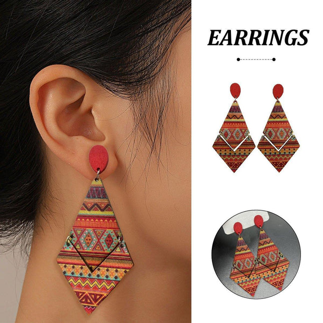 Boho Print Wood Earrings Diamond Shape Drop Dangle Fashion Jewelry for Women