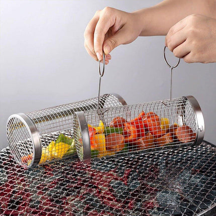 2pcs BBQ Basket Round Grill Cage Portable Rotating Net for Outdoor Cooking