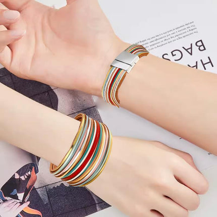 Multiple Gradient Leather Wristband Bracelet Bangle Magnetic Clasp Bracelet - Aimall