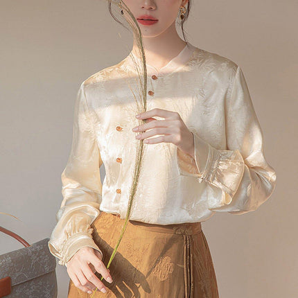 New Chinese Style Womens Top Stand-up Collar Long Sleeve Elegant Fashion Shirt