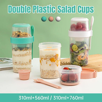 Double Plastic Salad Cup with Fork Sealed Breakfast Container for On-the-Go Meal