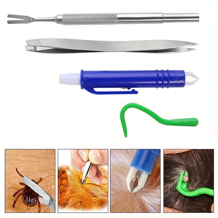 5PCS Pet Flea Tick Removal Tool Set Dog Cat Lice Fork Tweezers Kit Silver Hook