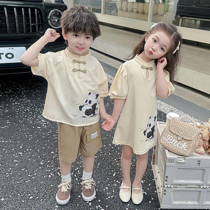 Boys Short Sleeve Panda Print Summer Cotton Outfit Casual Two Piece Set